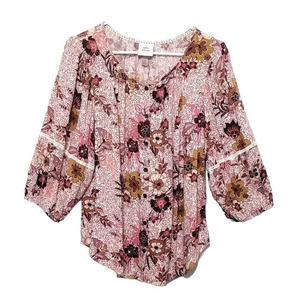 Knox Rose Floral Print Button Up Blouse Womens Size S Boho Festival Peasant Top